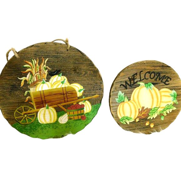 Unbranded Other - Rustic Wood Pumpkin Wall Plaques Fall Harvest Thanksgiving Welcome Sign Set of 2